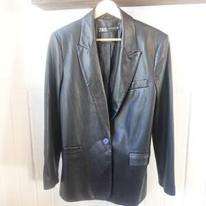 Zara Faux Leather‎ Blazer Womens XS Black Single Button Tuxedo Jacket Oversized